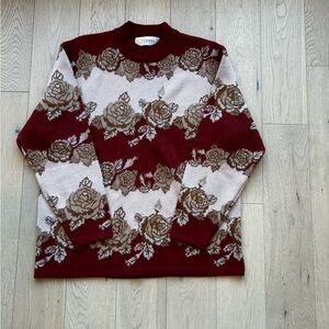 Burgundy Rose-Pattern Knit Sweater